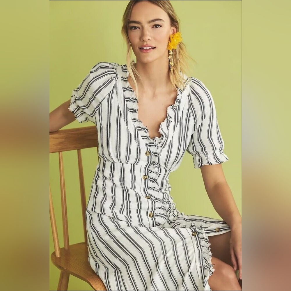 Anthropologie Pilcro Ruffle Collar Linen Blend Midi Dress